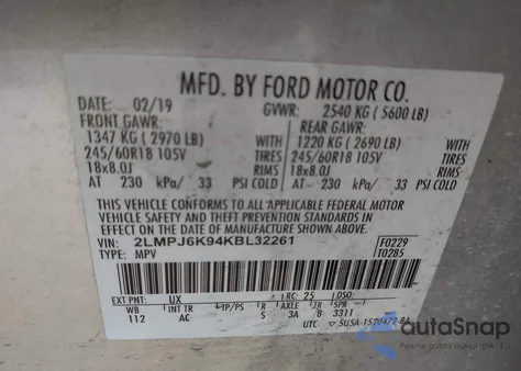 2019 Lincoln Nautilus Select z USA, uszkodzony, nr VIN 2LMPJ6K94KBL32261